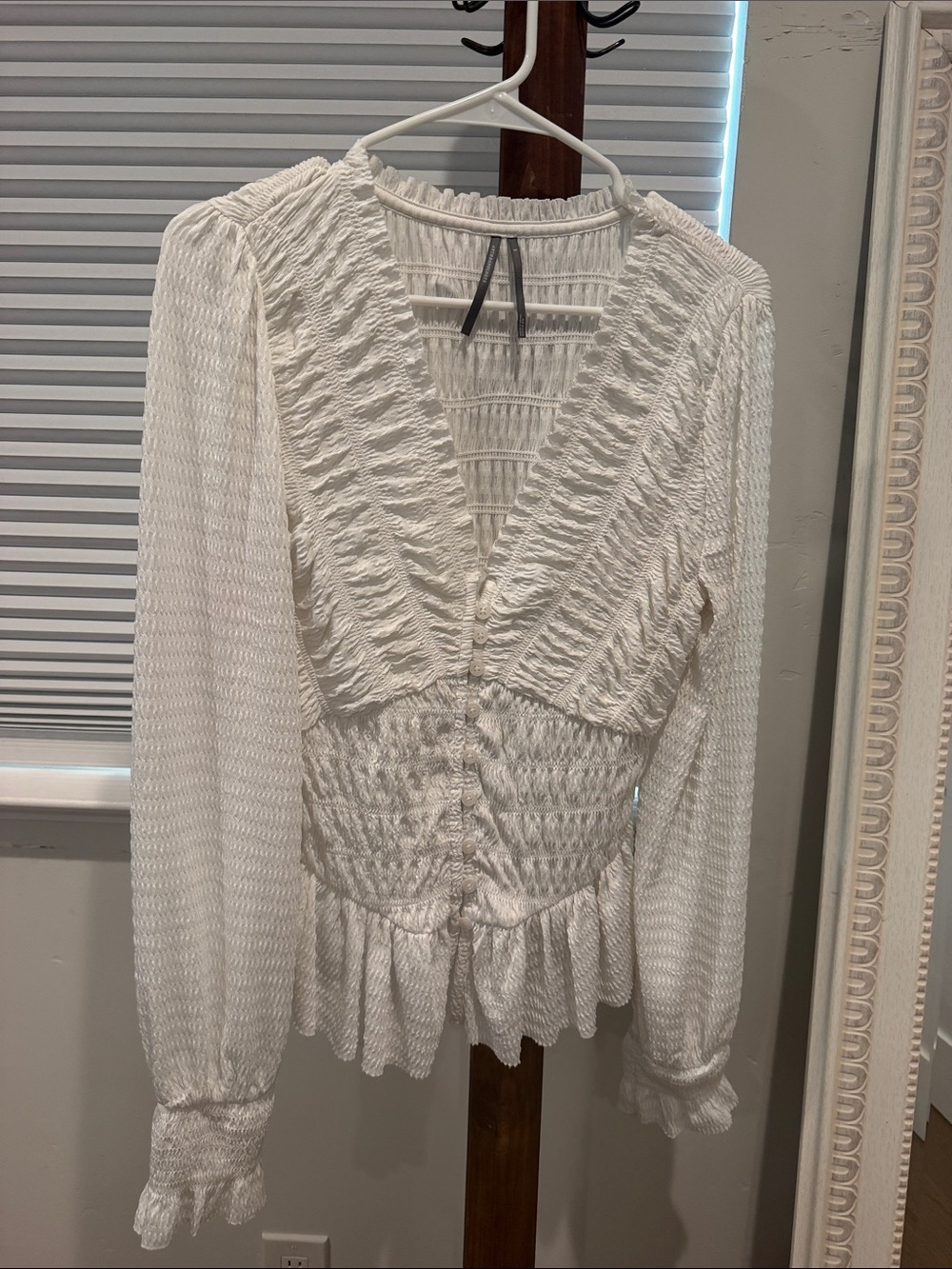 Anthropologie White Smocked V-Neck Long Sleeve Blouse